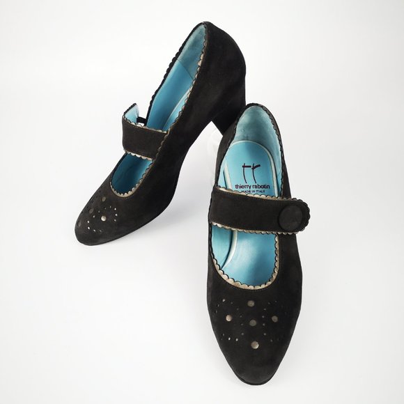 Thierry Rabotin Size 38 /US 7.5 Italian Black Suede Ryder Mary Jane Heels - Picture 3 of 8